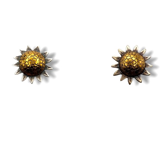 Vintage Jabor Sunflower Stud Earrings Pewter Brass Post Pierced - Picture 9 of 11